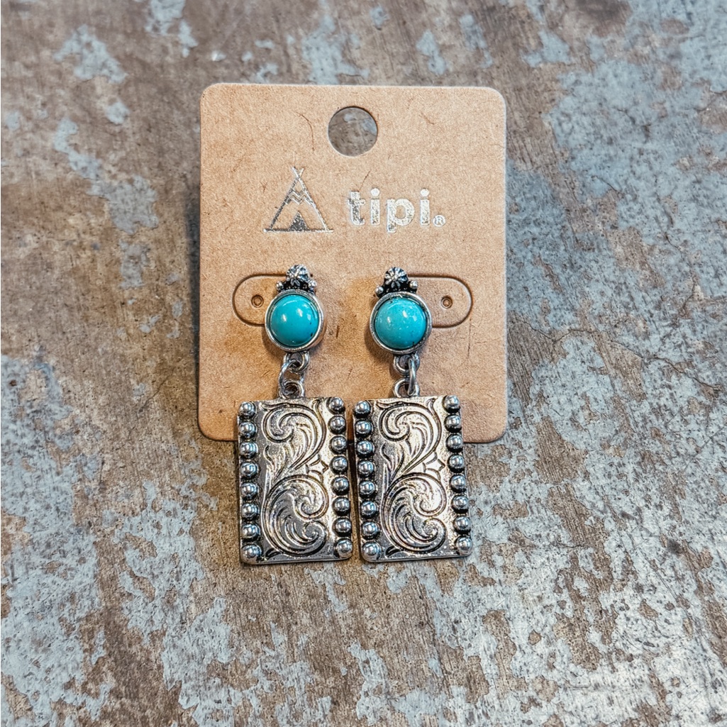 Tipi Silver And Turquoise Ornate Earrings